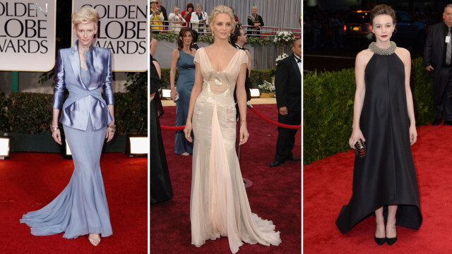 NYSKAPENDE: Red Carpet Fashion Awards mener at Carey Mulligan har tatt et blad fra Tilda Swinton (t.v) og Uma Thurman (midten) med ELLE-antrekket sitt. Den unge skuespilleren viser seg vanligvis i mørkere, mer løstsittende antrekk (ytterst t.h). Foto: NTB Scanpix NYSKAPENDE: Red Carpet Fashion Awards mener at Carey Mulligan har tatt et blad fra Tilda Swinton (t.v) og Uma Thurman (midten) med ELLE-antrekket sitt. Den unge skuespilleren viser seg vanligvis i mørkere, mer løstsittende antrekk (ytterst t.h). Foto: NTB Scanpix